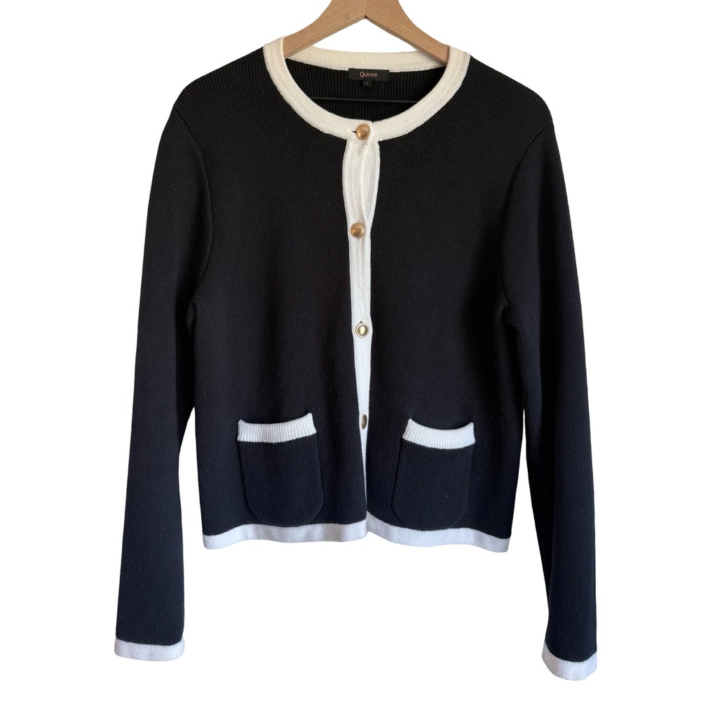 Quince Organic Cotton Contrast Trim Cardigan Black White Gold Button Sweater L - Picture 3 of 6